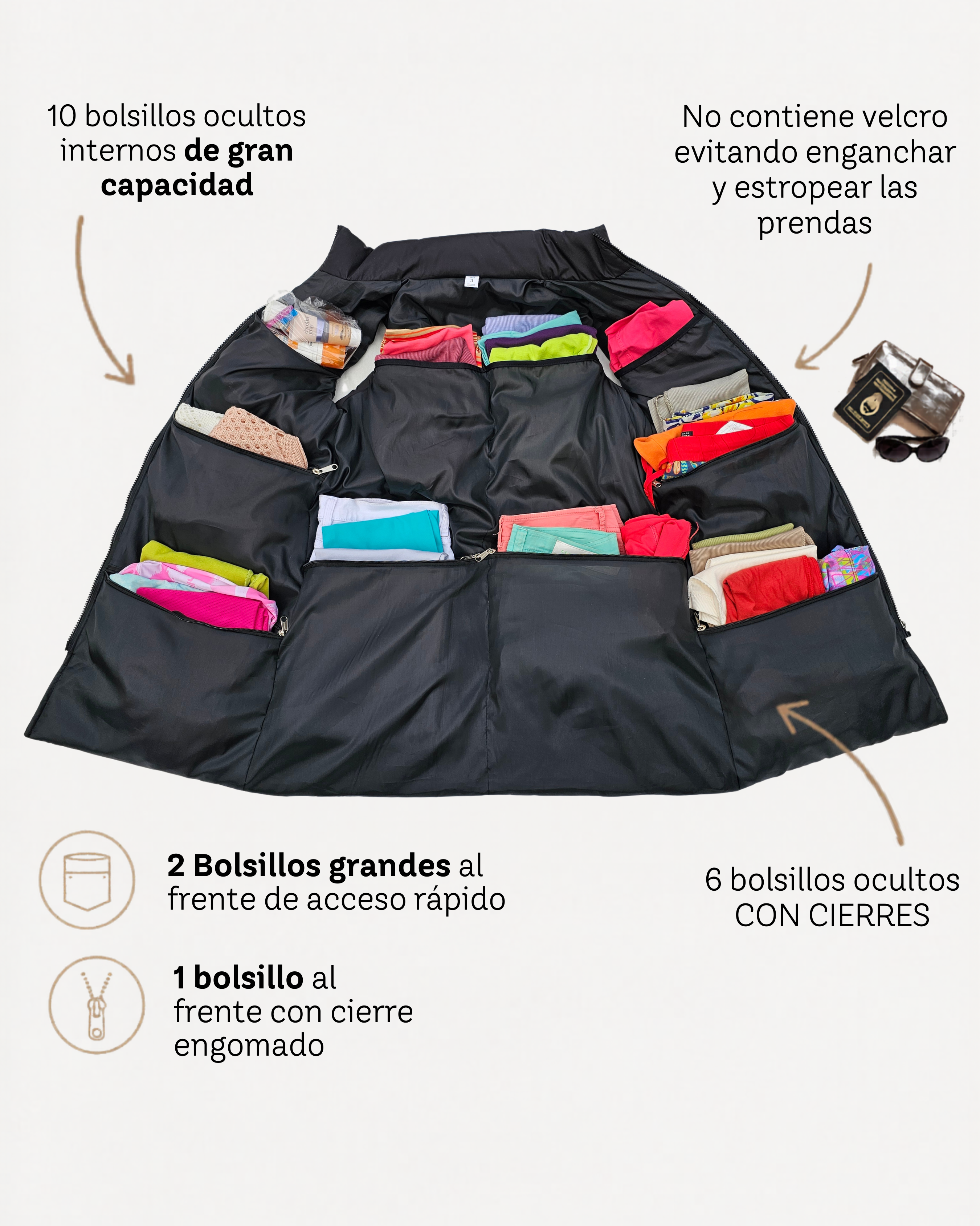 Detalle de los bolsillos internos ocultos del chaleco SIN MALETA